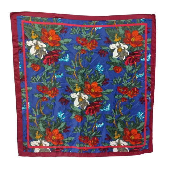 Perry Ellis Silk Floral Flower Scarf 35x35 Japan Red Blue - Picture 1 of 12